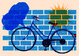 Risograph bicycle with speech bubble with geometric shapes. Objects in trendy riso graph print texture style design with geometry elements.