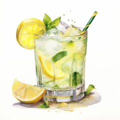 Cocktail Day with Lemon, Ice, and Mint Leaves. Hand Drawn Coctail Day Sketch on White Background.