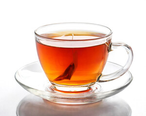 Cup of tea isolated on white background with reflection and copy space