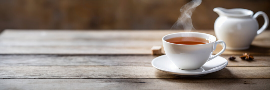 Cup of tea on a wooden table, selective focus, copy space