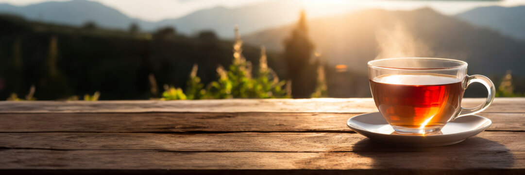 Cup of tea on wooden table with mountain background. Panoramic view