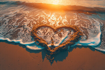 A romantic love heart drawn in the sand on a beautiful beach at sunset