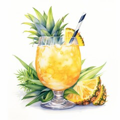Pina Colada Cocktail Day with Pineapple and Ice. Hand Drawn Coctail Day with Berries Sketch on White Background.