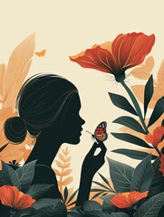 Artistic illustration of a woman's silhouette with a detailed butterfly resting on her hand among vibrant tropical flora.