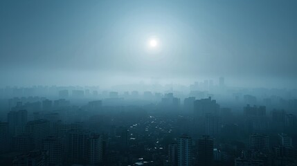 Fototapeta na wymiar The sun appears as a faint orb through the heavy smog covering the skyline of a densely populated city.