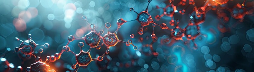 Abstract molecular structure floating against a soft bokeh background with a deep blue and warm orange glow, symbolizing scientific concepts. - obrazy, fototapety, plakaty
