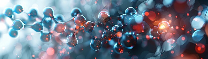 A panoramic view of a shimmering and complex molecular structure with bokeh effect, illustrating scientific and medical concepts. - obrazy, fototapety, plakaty