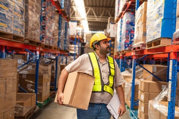 Male warehouse employee worker enjoy working and holding box  in warehouse, Logistic industry concept.