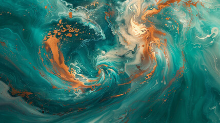 An abstract portrayal of the oceana??s magnificence, with majestic teal swirls complemented by radiant copper powder, embodying the dynamic spirit of the sea.