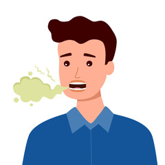 Man with bad breath in flat design on white background. Smelly mouth concept vector illustration.