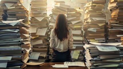 A woman standing in a room full of paperwork. - obrazy, fototapety, plakaty