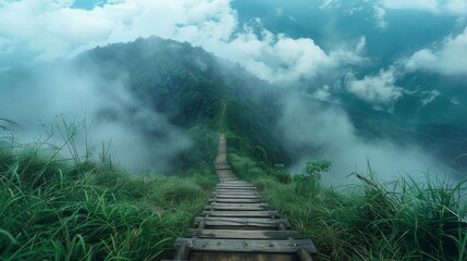 A wooden walkway through a misty forest