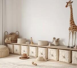 Wall mock-up set in children's room with natural wooden furniture, against a Farmhouse-style interior background. Presented in 3D render. Made with generative AI technology