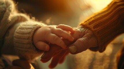 An elderly person and a baby are holding hands - obrazy, fototapety, plakaty