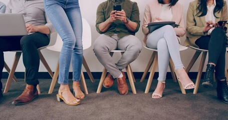 Legs, business people and waiting room for hiring, interview and career opportunity. Group, professional and hr line for job search in human resources, recruitment or meeting for employment in office