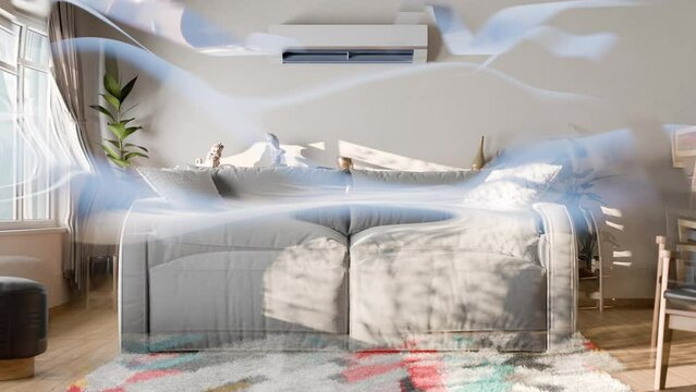 Air conditioner is turned on. Waves of cold air cool the living room.