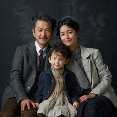 Family Portrait of Japanese Parents with Their Son in School Uniform Against a Dark Gray