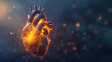 An illustration of a heart made of metal with a glowing fire inside on a dark blue background with glowing particles.
