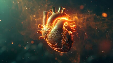 An illustration of a heart made of metal with an orange glow and green background.