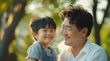 Korean father and son smiling together in the park.