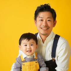 Japanese father in his thirties and his adorable child wearing overalls, both smiling for the camera against a vibrant yellow background.
