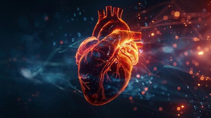 An illustration of a human heart with a blue background and red and orange highlights.