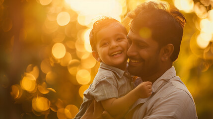 Indian Dad's Joyful Smile as He Holds His Child Close. Heartwarming Bond.