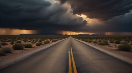 Long desolate desert road in the middle of nowhere under dramatic stormy sunrise sky.generative.ai  - obrazy, fototapety, plakaty