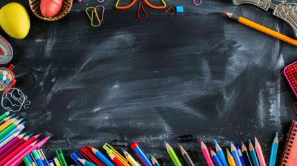 Blackboard with colorful school supplies - obrazy, fototapety, plakaty