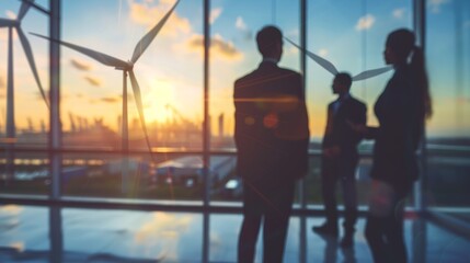 Business people discussing renewable energy sources while looking at wind turbines outside the office window. - obrazy, fototapety, plakaty