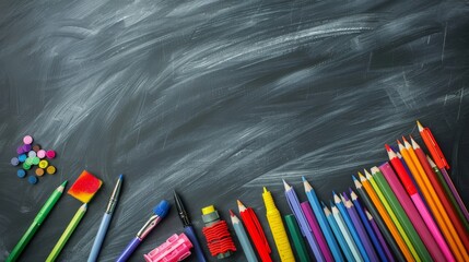 Colorful school supplies on a blackboard background. - obrazy, fototapety, plakaty