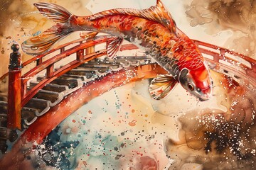 A vibrant red and gold koi fish leaps through the air beneath a traditional red Japanese bridge in watercolors, symbolizing determination and overcoming obstacles - obrazy, fototapety, plakaty