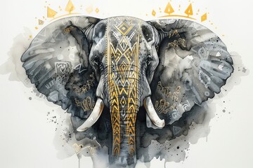 A wise old elephant with intricate tribal markings on its grey watercolor form, adorned with a golden crown, symbolizing wisdom and leadership