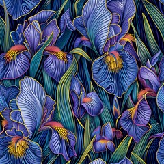 Vibrant 3D irises, their intricate petals standing out in a lush pattern. Seamless Pattern, Fabric Pattern, Tumbler Wrap, Mug Wrap.