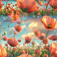 Vibrant 3D poppies in full bloom, swaying in a seamless, sunny field. Seamless Pattern, Fabric Pattern, Tumbler Wrap, Mug Wrap.