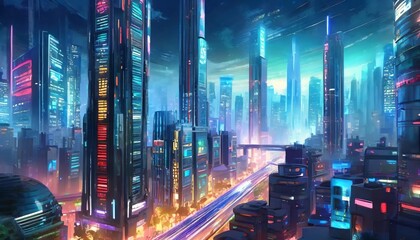 A striking 3D render of a futuristic cityscape, with towering buildings and neon lights.