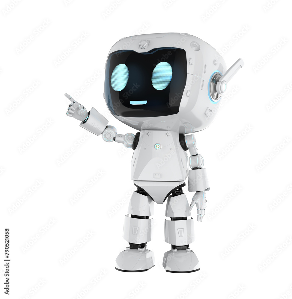 Poster cute and small artificial intelligence personal assistant robot finger point isolated