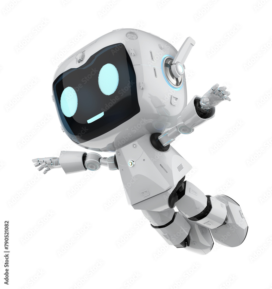 Poster cute and small artificial intelligence personal assistant robot jump isolated