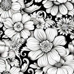 Seamless 3D floral outlines, filled with intricate doodle patterns. Seamless Pattern, Fabric Pattern, Tumbler Wrap, Mug Wrap.
