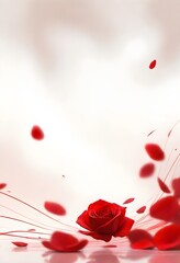 Red rose petals floating in the air against a soft, blurred background