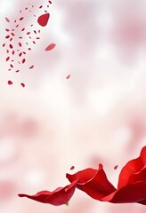 Red rose petals floating in the air against a soft, blurred background