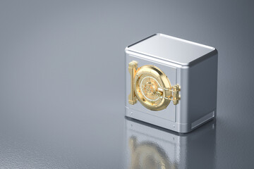 Metallic bank safe or steel safe with golden vault