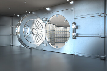Bank vault opened with deposit boxes inside