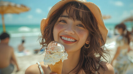 Happy Asian woman eating ice cream in summer day with background beach. Travel holiday vacations
