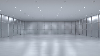 Empty hall interior with clean and shiny metallic wall