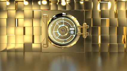 Golden bank vault door with golden wall