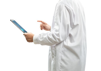Doctor wear white lab coat work with tablet isolate on white