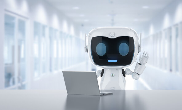 Personal assistant robot work with computer notebook