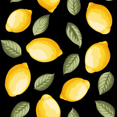 Seamless citrus pattern with lemons. Black Vector illustration.