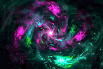 Vibrant neon pink galaxy with swirling green and blue patterns. Abstract art on black background.